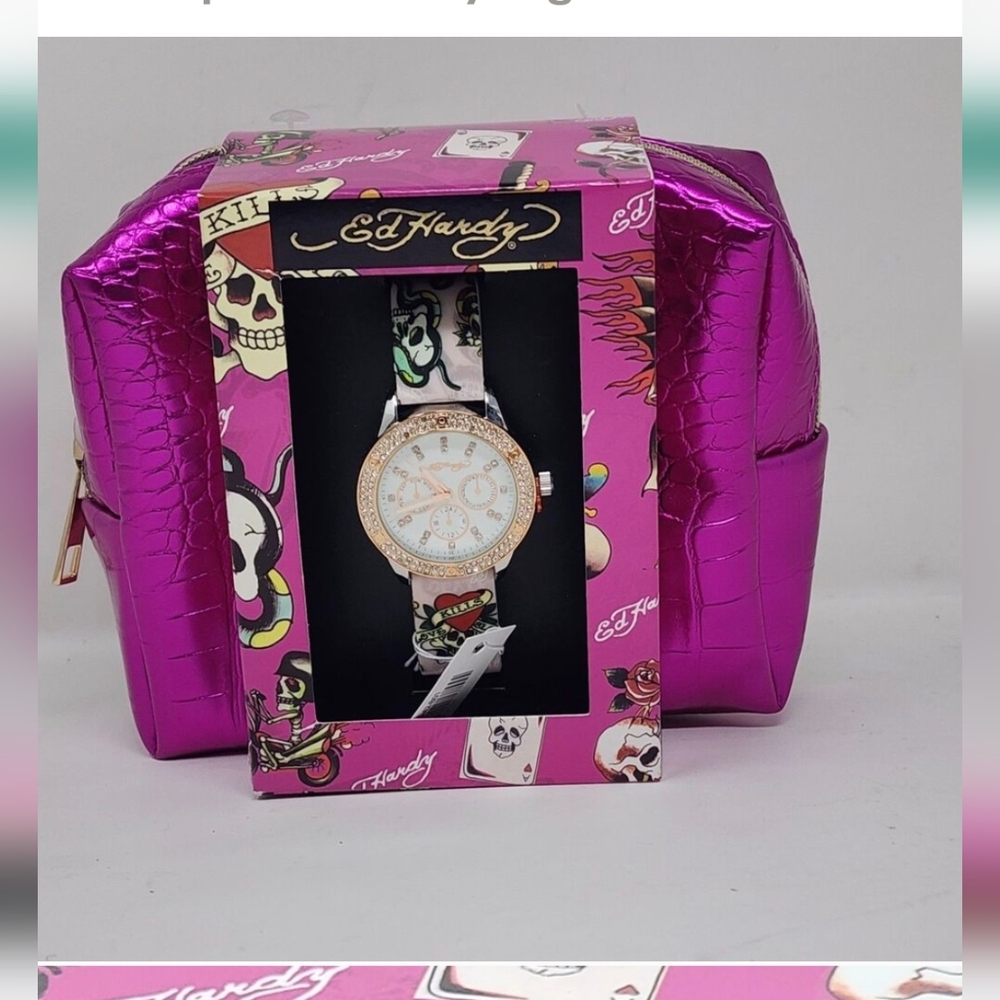 Ed Hardy Pink and Gold Watch with Gift Set